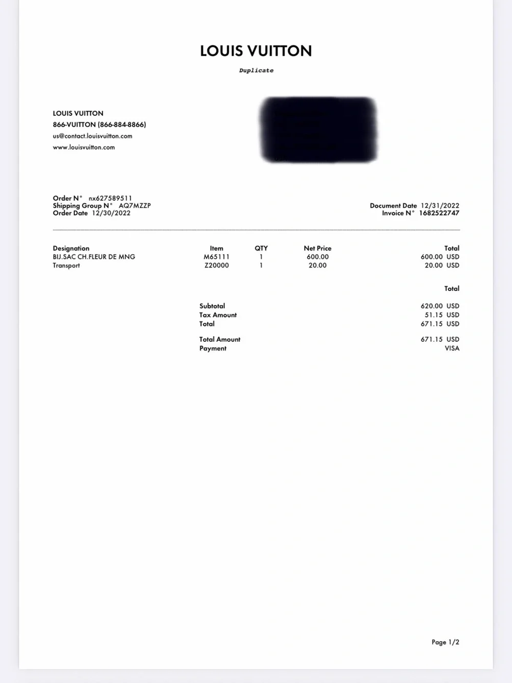 Louis Vuitton Bag Charm Receipt